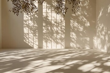 Poster - Subtle play of shadows from leaves against a beige wall in a well-lit indoor space during the afternoon