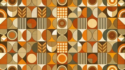 Aufkleber - Geometric pattern featuring a seamless design of orange, brown, and beige squares, circles, and stripes.