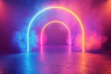 Poster - Vibrant neon arches illuminate misty scene, creating an otherwor
