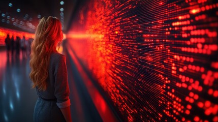 Poster - woman gazing at a vibrant red digital display in a modern urban setting, with blurred figures in bac