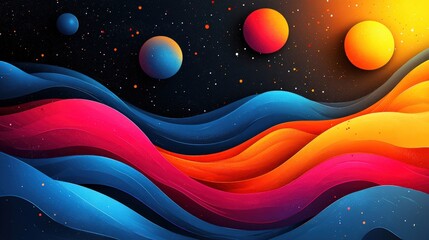 Fototapete - Vibrant abstract waves in cosmic colors with planets against a starry night sky
