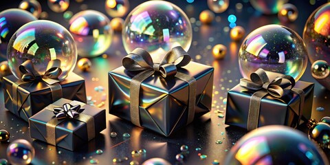 Poster - a shimmering black gift box with a golden ribbon sits beneath a large iridescent bubble, surrounded 