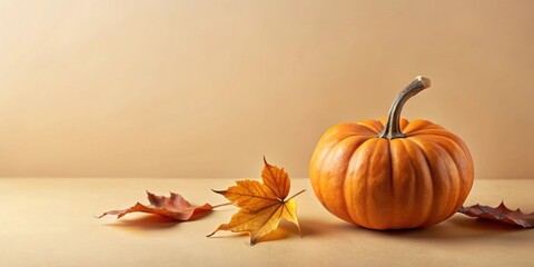 Poster - A Single Orange Pumpkin Resting on a Tan Surface with Dried Autumn Leaves Beside It