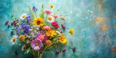 Poster - A vibrant bouquet of wildflowers arranged on a textured teal background, showcasing a variety of blossoms in shades of purple, yellow, pink, and white.