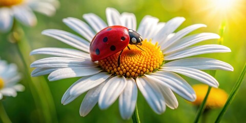 Poster - A ladybug rests on the edge of a delicate white daisy with a bright yellow center, bathed in the soft glow of the sun