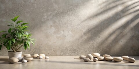 Aufkleber - A minimalist interior scene with a potted plant, smooth stones, and dappled sunlight falling on a concrete wall.