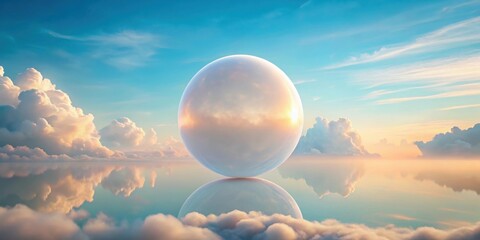Aufkleber - A large white orb hovers in the clouds, reflecting the tranquil sunset sky and casting a soft glow on the peaceful landscape