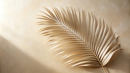 Poster - A Single Palm Leaf Casts a Shadow on a Light Beige Wall