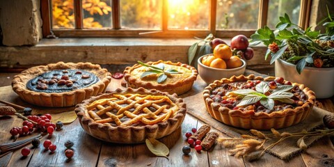 Poster - A Rustic Fall Harvest Display with a Variety of Delicious Homemade Pies, Garnished with Fresh Herbs and Berries, Set Against a Window with Warm Sunbeams Streaming In