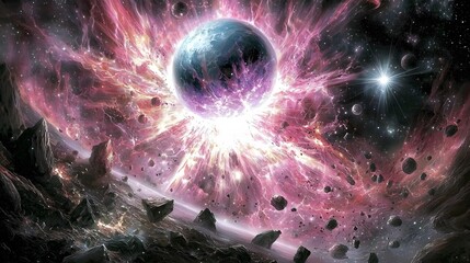 Wall Mural - Vibrant Cosmic Explosion with Planets and Stars in a Colorful Galaxy with Nebula and Asteroids