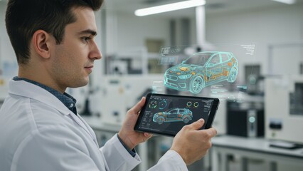 caucasian male scientist using tablet in laboratory to explore automotive technology concepts and di