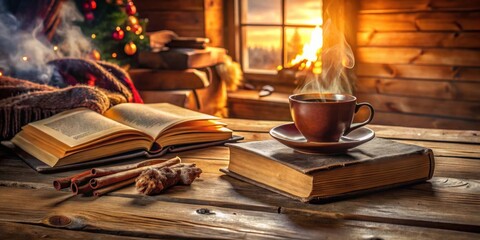 Poster - A steaming cup of coffee resting atop an aged book, a cozy scene of winter comfort and quiet contemplation.
