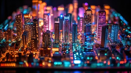Poster - Vibrant miniature cityscape at night illuminated by colorful lights showcasing urban life