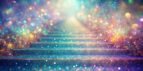 Aufkleber - A sparkling staircase leading towards a magical, ethereal background, adorned with vibrant bokeh lights and glittering dust particles.