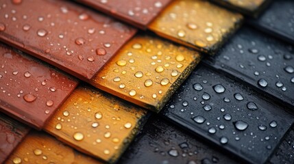 Aufkleber - Vivid sections of red, orange, and black roof tiles are adorned with glistening raindrops, creating a striking contrast and showcasing nature's beauty on a wet day