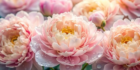 Poster - Delicate pink peonies with water droplets on their petals, capturing the soft beauty of nature in bloom.