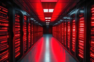 Poster - Advanced server room with illuminated red lighting and rows of equipment in a modern data center