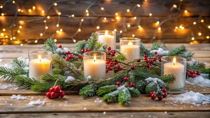 Aufkleber - A Festive Arrangement of Burning Candles Surrounded by Snowy Pine Branches and Red Berries on a Rustic Wooden Tabletop