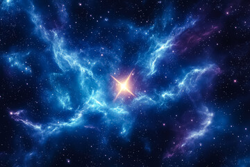 Wall Mural - star is shining brightly in the middle of a blue sky. the sky is filled with stars and the star is s