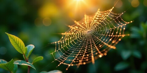 Golden Dewdrops Adorn a Spiderweb in the Early Morning Sunlight, a Stunning Display of Nature's Intricate Design and the Beauty of a Fresh New Day