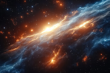 Wall Mural - galaxy with a bright orange sun in the center. the sun is surrounded by a blue and orange cloud