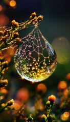 Wall Mural - Nature s artistry  a spiderweb adorned with dew drops showcasing fragility and stunning geometry