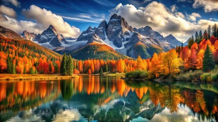 Aufkleber - A serene mountain lake reflecting the vibrant hues of autumn foliage and a picturesque landscape of snow-capped peaks.