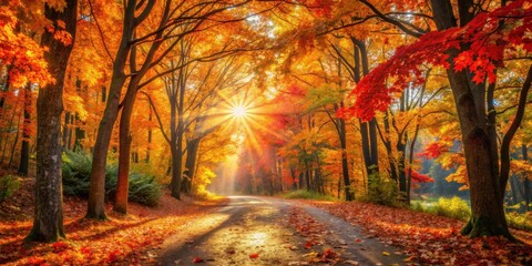 Poster - Golden Sunbeams Filtering Through a Canopy of Vibrant Autumn Foliage, Illuminating a Winding Forest Path