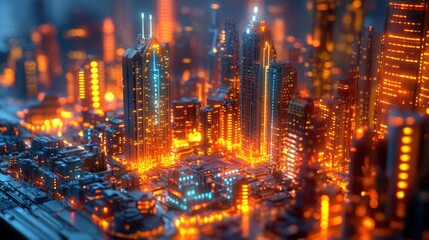 Poster - Vibrant futuristic cityscape illuminated at night with glowing skyscrapers and bustling streets