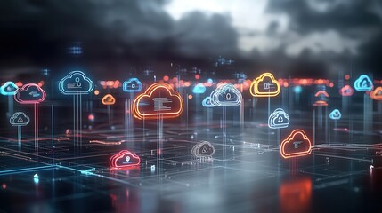 Poster - A captivating futuristic digital composition featuring a surreal landscape of floating cloud like data structures glowing neon network connections and a moody atmospheric storm like environment