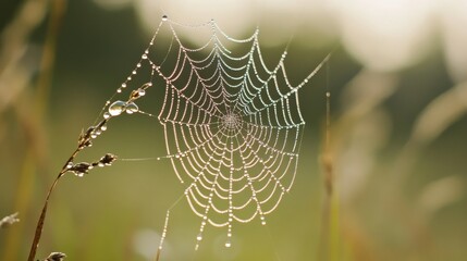 Wall Mural - A beautiful spiderweb adorned with dew drops, showcasing nature s artistry and captivating geometry
