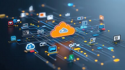Poster - A cloud based cyber futuristic digital depicting an interconnected technology landscape of smart intelligence