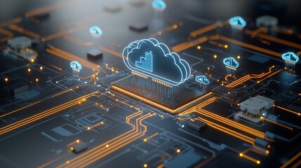 Poster - Futuristic digital landscape with cloud computing network and data storage infrastructure  A cyber tech inspired scene depicting the interconnected digital world of the future