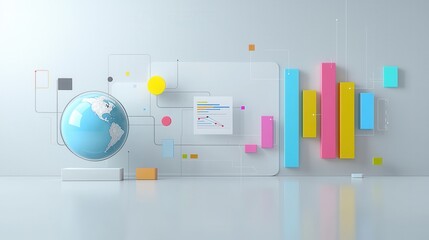 Poster - Futuristic 3D rendered digital scene featuring a dynamic composition of geometric shapes vibrant colors and a minimalist modern aesthetic  This digital artwork showcases a virtual innovative