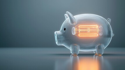 Poster - A futuristic 3D rendered image of a transparent glass piggy bank with a glowing neon interior symbolizing the intersection of modern financial technology digital innovation