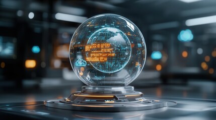 Poster - Futuristic and elegant transparent holographic sphere displaying digital information data or technology in a dark minimalist studio environment  The sphere acts as a display or interface