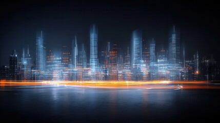 Poster - Futuristic cityscape at night featuring a dramatic illuminated skyline with tall glowing skyscrapers and vibrant colorful lights reflecting in the water  The scene has a surreal