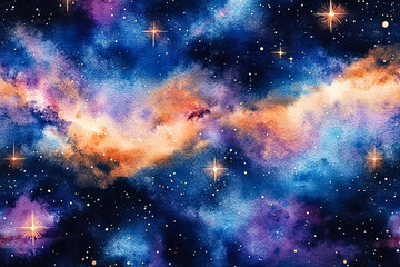 Wall Mural - painting of a starry night sky with a blue and orange swirl. the painting is of a galaxy with stars 