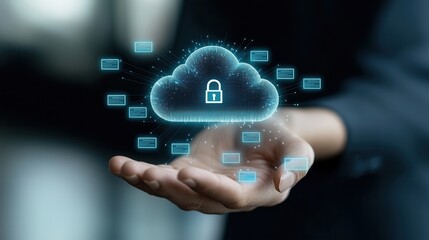 Poster - A futuristic high tech digital featuring a cloud computing concept with data security network connectivity and technological innovation  The image showcases the of cloud based solutions