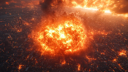Wall Mural - fiery explosion is seen in the sky above a city. the fire is so intense that it is visible from spac