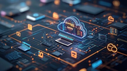 Poster - Futuristic neon style digital artwork depicting a complex cloud and network technology platform with interconnected data servers circuits and intelligence elements