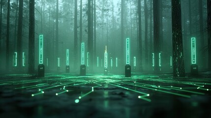 Poster - Luminous Cybernetic Forest A futuristic digital landscape where the boundaries between nature and technology blur creating an ethereal and serene environment of glowing lines neon lights