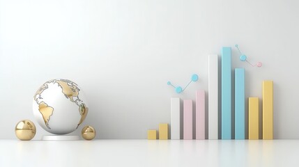 Poster - This minimalist 3D rendered digital features a stylized globe model alongside various data visualization elements like bar graphs  charts  and infographics  The clean
