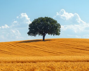 Wall Mural - lone tree stands tall amidst golden wheat fields in serene countryside landscape