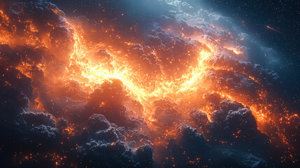 Wall Mural - space scene with a bright orange cloud in the middle. the sky is filled with stars and the clouds ar