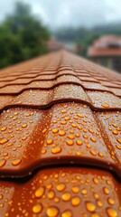 Poster - Water droplets cling to the warm, textured tiles of a terracotta roof, reflecting the soft natural light after a refreshing rain in a tranquil mountain village setting