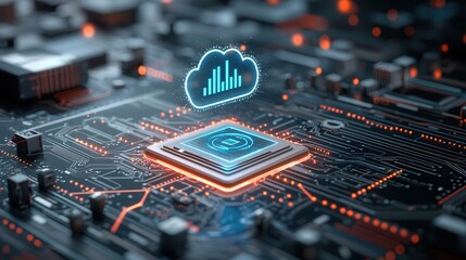 Poster - A high tech 3D rendered depicting a futuristic holographic digital infrastructure with microchips circuits and cloud computing elements showcasing the power of modern technology and innovation