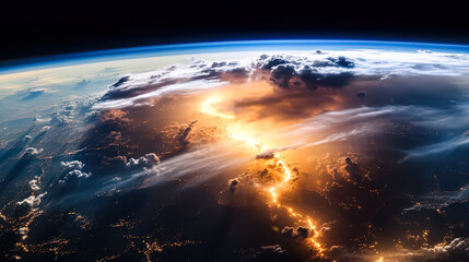 Wall Mural - beautiful view of the earth from space, with a bright orange sun rising over the horizon. the sky is