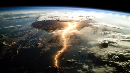 Wall Mural - lightning bolt is seen in the sky above a city. the sky is dark and cloudy, and the city below is li