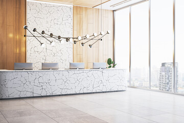Poster - Modern hotel reception desk with cracked stone design. 3D Rendering